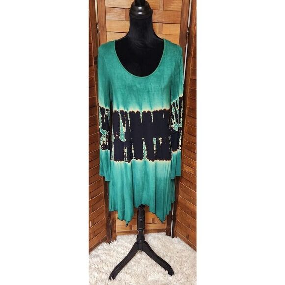 The Pyramid Collection Green High Low Tunic Dress Large L Long Sleeve Tie Dye - Picture 2 of 8